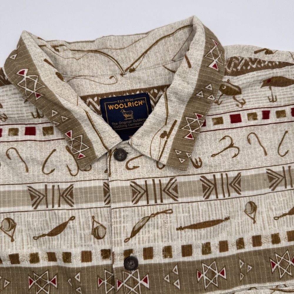 Woolrich Shirt Mens XL Tan Gray Allover Fish Print Short Sleeve‎ Button Up Camp